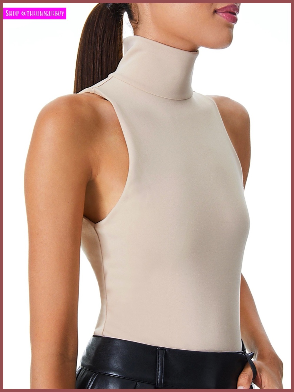 Alice + Olivia Lenora Almond Turtleneck Sleeveless Bodysuit Top